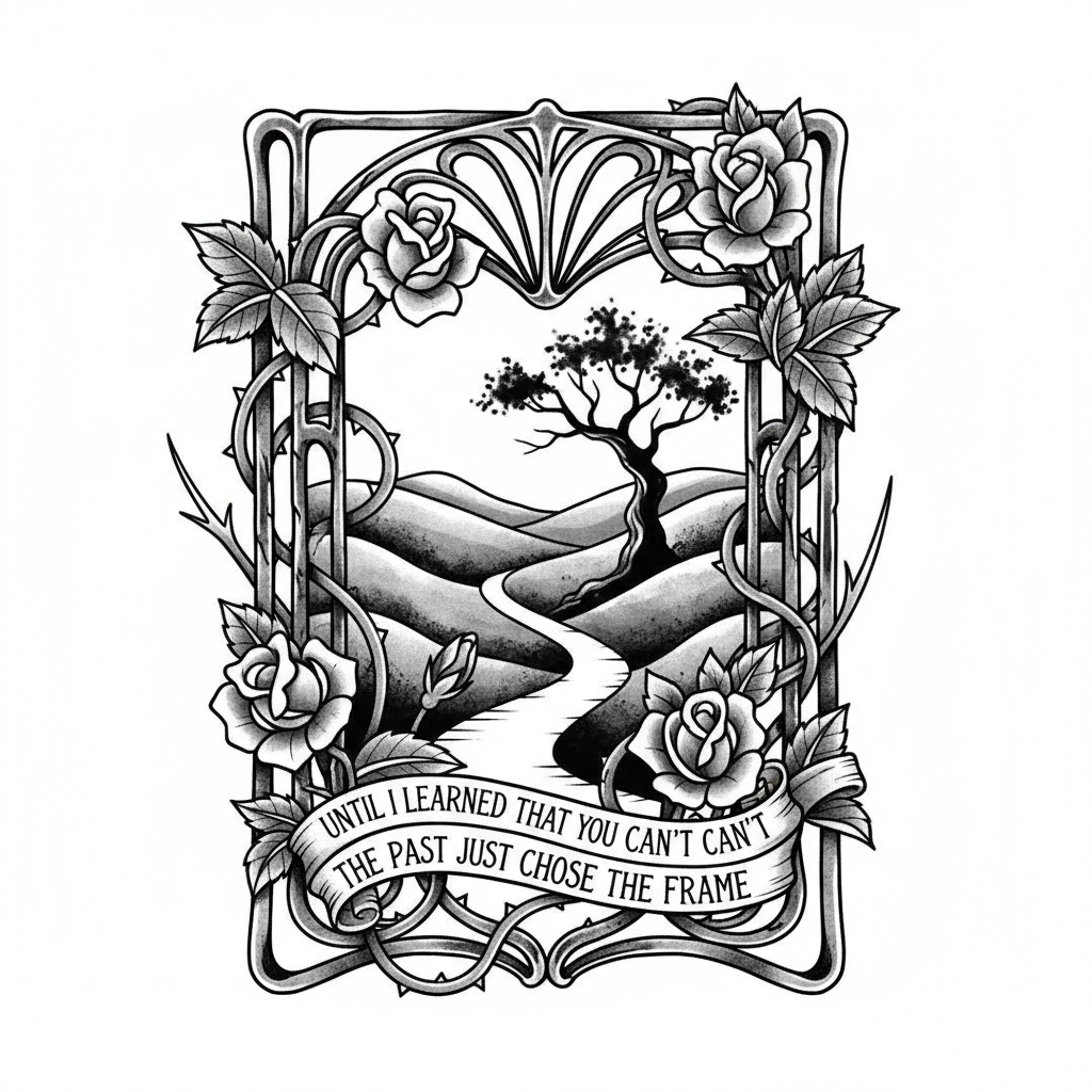 neo-traditional tattoo design: ‘UNTIL I LEARNED THAT YOU CAN’T CHANGE THE PAST JUST CHOOSE THE FRAME’. Vines