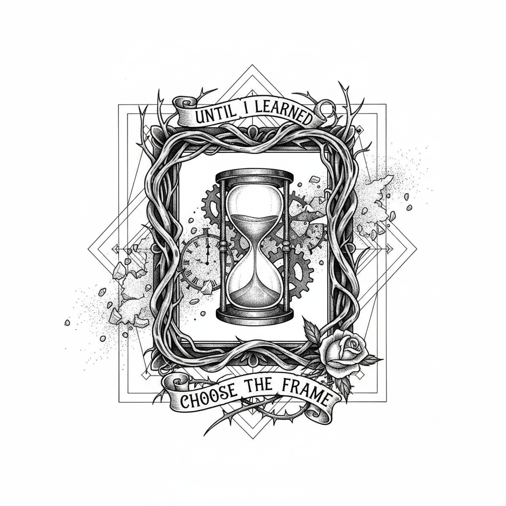 blackwork tattoo design: UNTIL I LEARNED THAT YOU CAN’T CHANGE THE PAST JUST CHOOSE THE FRAME