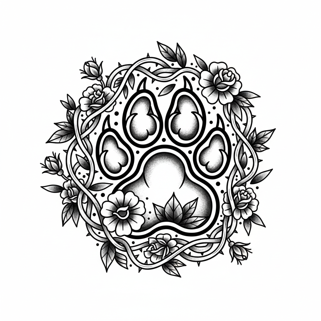 traditional tattoo design: Paw print Labrador flower and vines