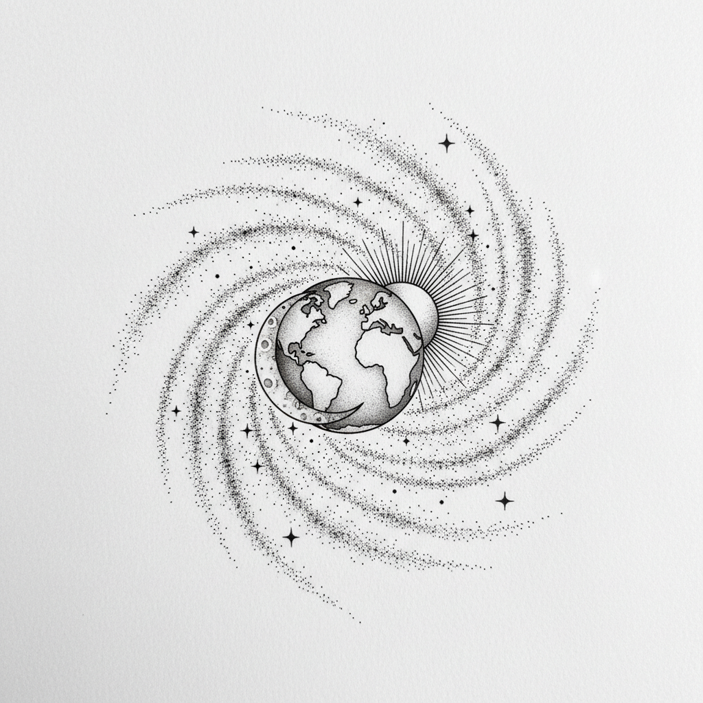 fine-line tattoo design: A cosmic illustrative blackwork tattoo featuring a dynamic arrangement of Earth, Moon, and Sun, rendered with fine line details and smooth black and grey shading to capture their spherical forms. Surrounding them, a vast, swirling nebula of diverse stars and stippled cosmic dust creates depth and flow, suitable for a detailed forearm or bicep placement.