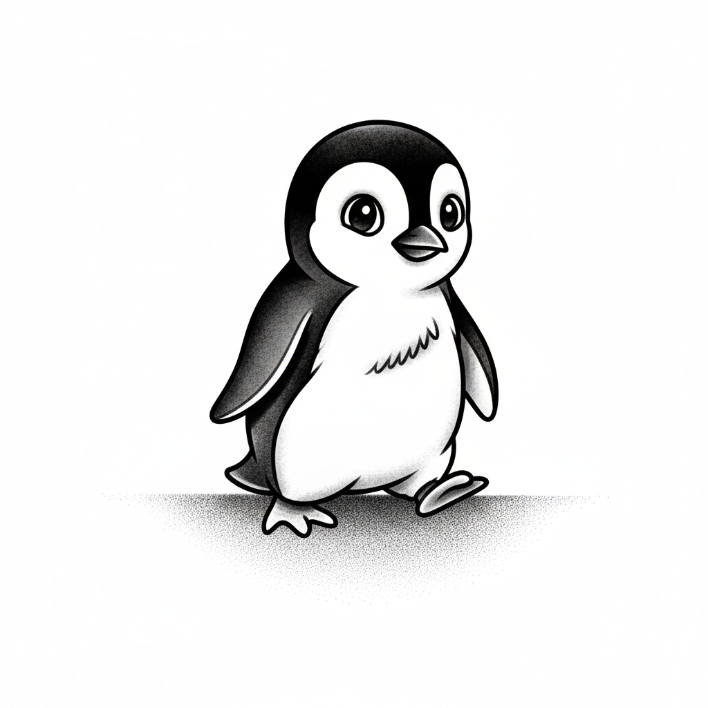 traditional tattoo design: Minimalist bir arka plan üzerinde, belirgin ama yumuşak çizgilerle çizilmiş, gözleri parıldayan sevimli bir penguen tasviri. Penguinin yürüdüğü zemin, bacaklarının altından itibaren ince dotwork veya stipple tekniğiyle kademeli olarak soluklaşarak sonsuz bir boşluğa karışıyor, bu da bir hiçliğe doğru ilerleme hissini vurguluyor. Kol veya baldır için ideal, siyah-gri tonlarında zarif bir çalışma.