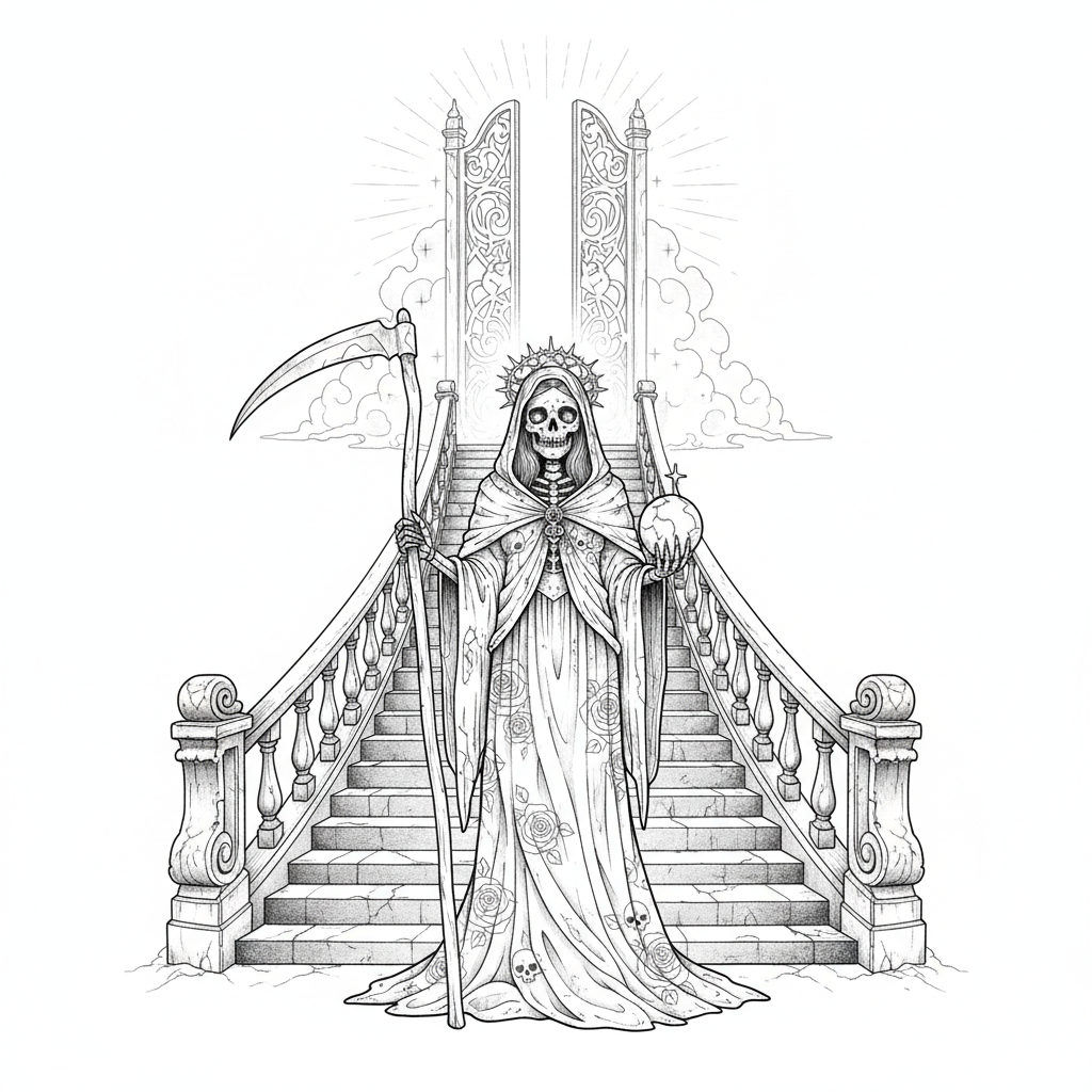 fine-line tattoo design: A detailed fineline tattoo stencil of La Santa Muerte, positioned at the base of a grand, ascending stairway that dramatically climbs towards ethereal gates of heaven hinted at the top. The crisp, delicate linework and strategic use of negative space create an intricate, flowing composition perfect for a arm sleeve