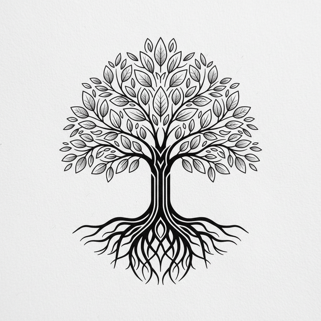 minimalist tattoo design: An intricate Tree of Life tattoo rendered in a detailed blackwork style with illustrative elements. Feature deep, grounding roots transitioning into a sprawling canopy with varied leaves and subtle whip shading for organic texture and depth. Envision this gracefully flowing along the spine or wrapping around a forearm, utilizing a mix of fine and bold linework for dynamic contrast.