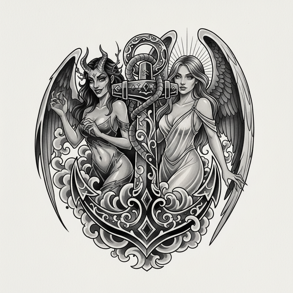 neo-traditional tattoo design: A dark art/realistic tattoo concept featuring a prominent, ornate anchor at its core. To the left, a seductive demoness with sharp features and a mischievous gaze; to the right, an alluring angel woman with elegant, flowing wings and an expression of captivating intrigue, subtly adorned with celestial light. Execute with intricate fine-line blackwork, smooth greywash shading, and hints of high contrast, emphasizing a dynamic flow suitable for a large back or chest piece.
