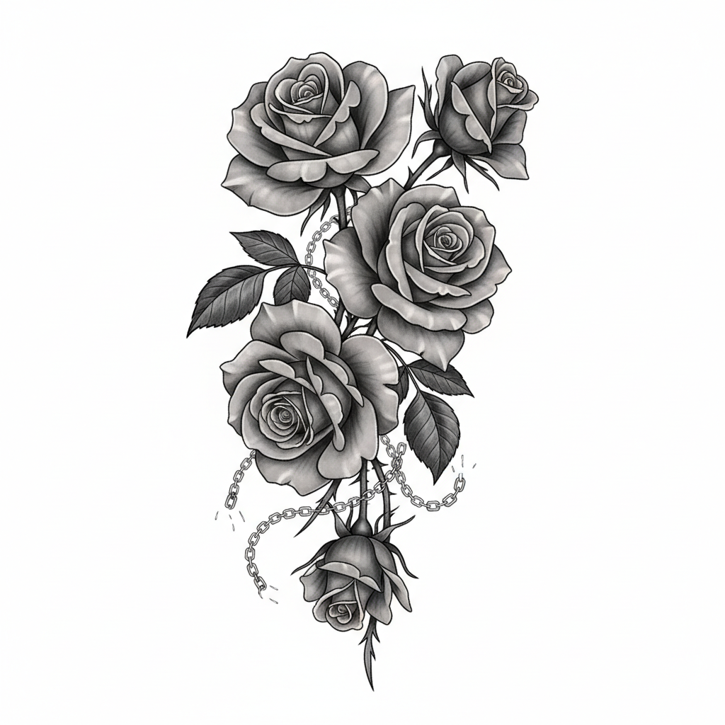 realism tattoo design: A hyperrealistic black and grey tattoo of several blooming roses cascading down the bicep and shoulder, meticulously shaded with soft gradients for depth. Intertwined subtly within the thorns, a delicate yet resilient broken pocket watch chain symbolizes a profound unique meaning, with fine line details defining each petal and crisp highlights providing a luminous quality that hugs the arm's natural curves.