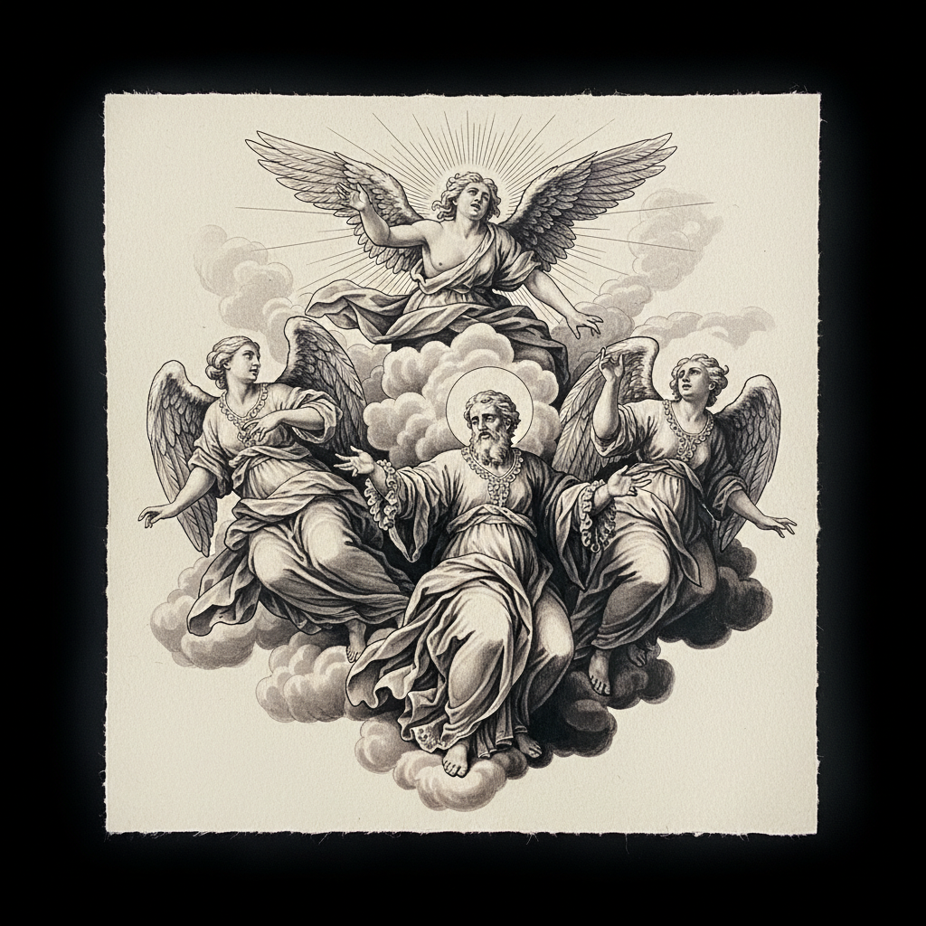 realism tattoo design: A grand Baroque tattoo featuring divine figures, such as expressive angels and saints, intertwined amidst swirling clouds and radiating light, composed with dynamic movement. Utilize deep chiaroscuro shading for dramatic contrast and volumetric depth, paired with intricate fine linework for ornate details and flowing drapery, all rendered in a black and grey realism style suitable for a full back or half-sleeve placement.