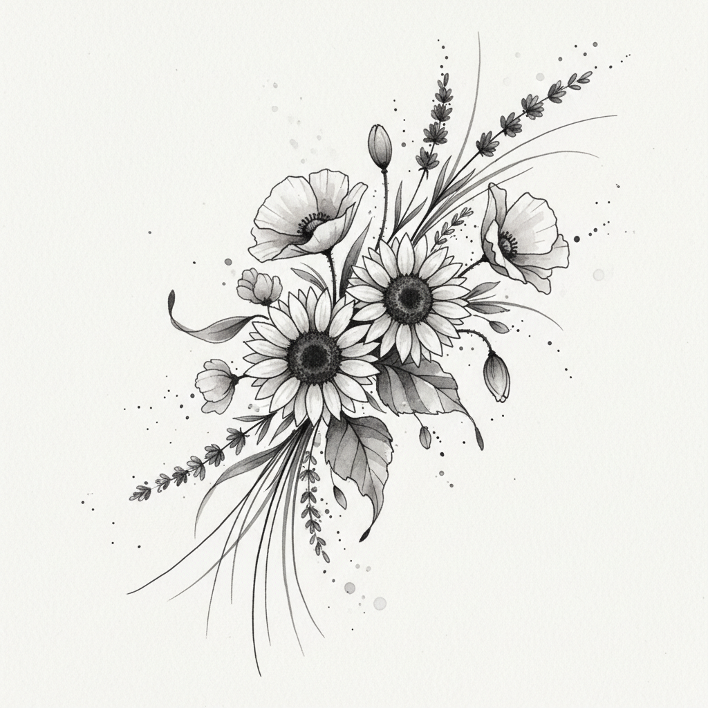 watercolor tattoo design: A vibrant watercolor tattoo illustration of a flowing wildflower bouquet featuring poppies, lavender, and sunflowers, designed for the forearm. Employ soft, luminous washes of translucent pigment with minimal, dissolved linework and controlled color blending, creating a genuine wet-on-wet effect with delicate paint splatters. The composition should dynamically hug and complement the arm's natural curve, showcasing a spectrum of soft yet saturated colors.