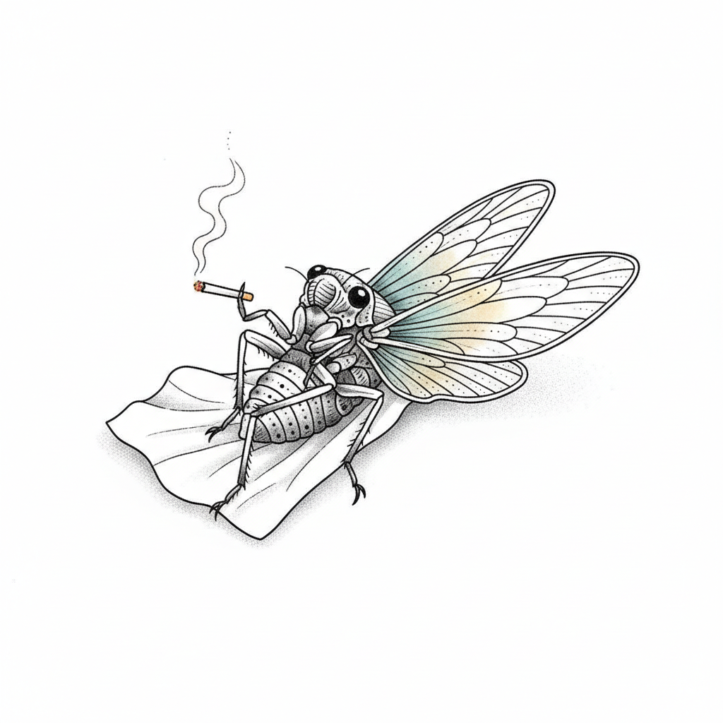 minimalist tattoo design: A sophisticated cicada lounges in a relaxed, sprawled pose, elegantly holding a lit cigarette, depicted in a refined illustrative blackwork style. Emphasize intricate linework for its wings and body texture, paired with delicate dotwork shading and subtle smooth gradients for depth and contrast. The composition should convey a serene, timeless vibe, ideal for placement on an inner bicep or thigh.