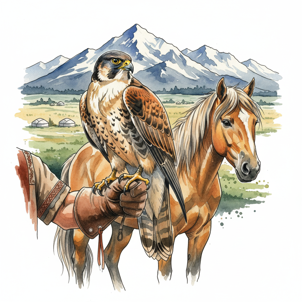 watercolor tattoo design: Kartal değil Şahin. Ayrıca şahin havada değil göçebe bir insanın kolunda duruyor. At da adamın yanında olacak