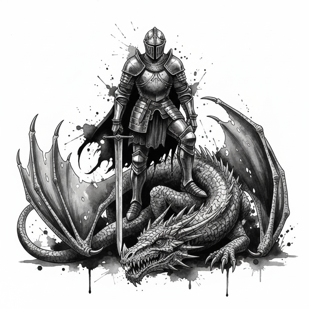 watercolor tattoo design: A large-scale black and grey dark fantasy realism tattoo, suitable for a full back or thigh. Depict a stoic medieval knight in highly detailed plate armor, standing triumphantly atop the sprawling, battered corpse of a colossal dragon, its scales cracked and lifeless. Utilize deep shadows, crisp linework, and high contrast to create a dramatic, intricate composition with excellent depth and flow., colorful vibrant colors