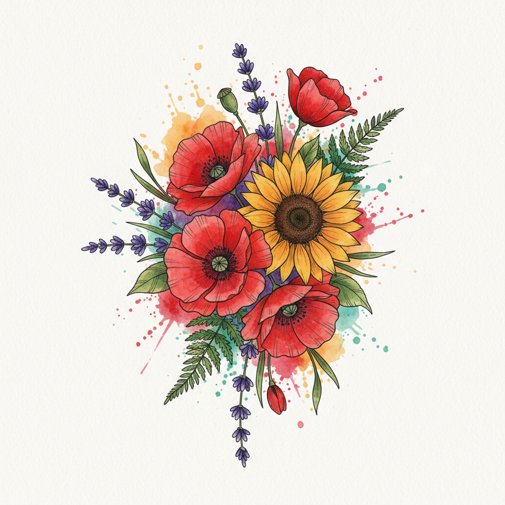 watercolor tattoo design: "A hyper-realistic tattoo design on a human forearm featuring an intricate bouquet of wildflowers. The composition includes vibrant red poppies, a radiant yellow sunflower, purple lavender stems, and detailed green fern leaves. The art style is a fusion of fine-line black ink sketching and a vibrant watercolor wash. Sharp black outlines, delicate hatching, and dotwork provide depth, while splashes of saturated crimson, amber, and violet bleed artistically outside the lines. Realistic skin texture, soft studio lighting, macro photography, high contrast, 8k resolution."