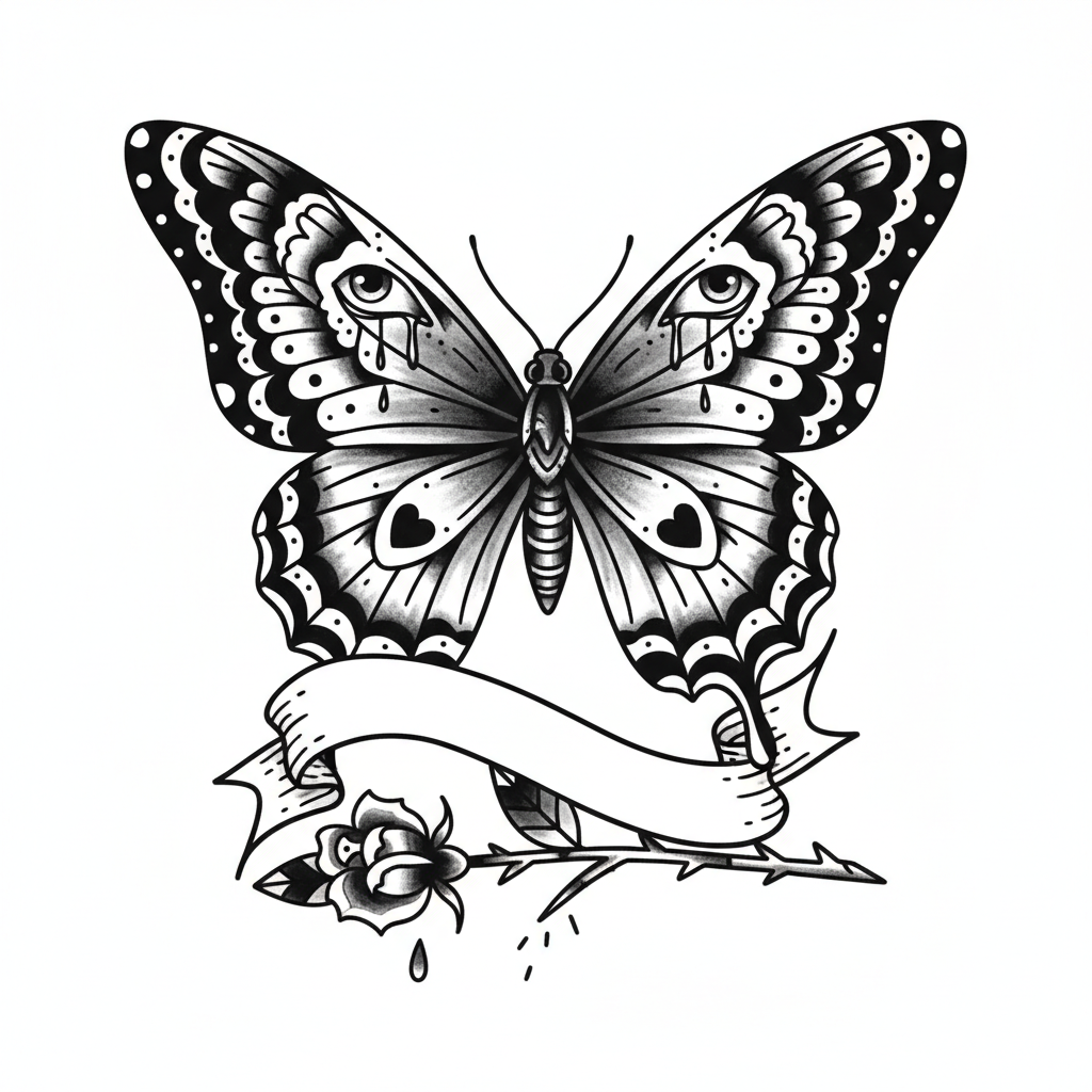 traditional tattoo design: Butterfly 🦋 in memory of my daughter who passed away